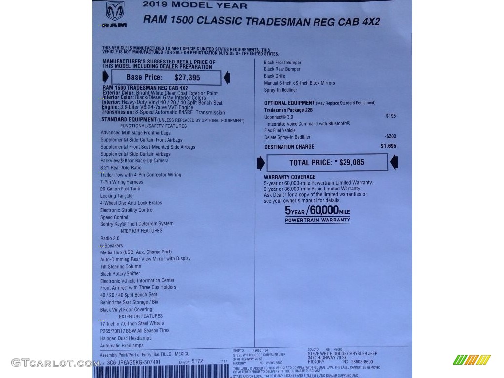 2019 Ram 1500 Classic Tradesman Regular Cab Window Sticker Photo #131782703