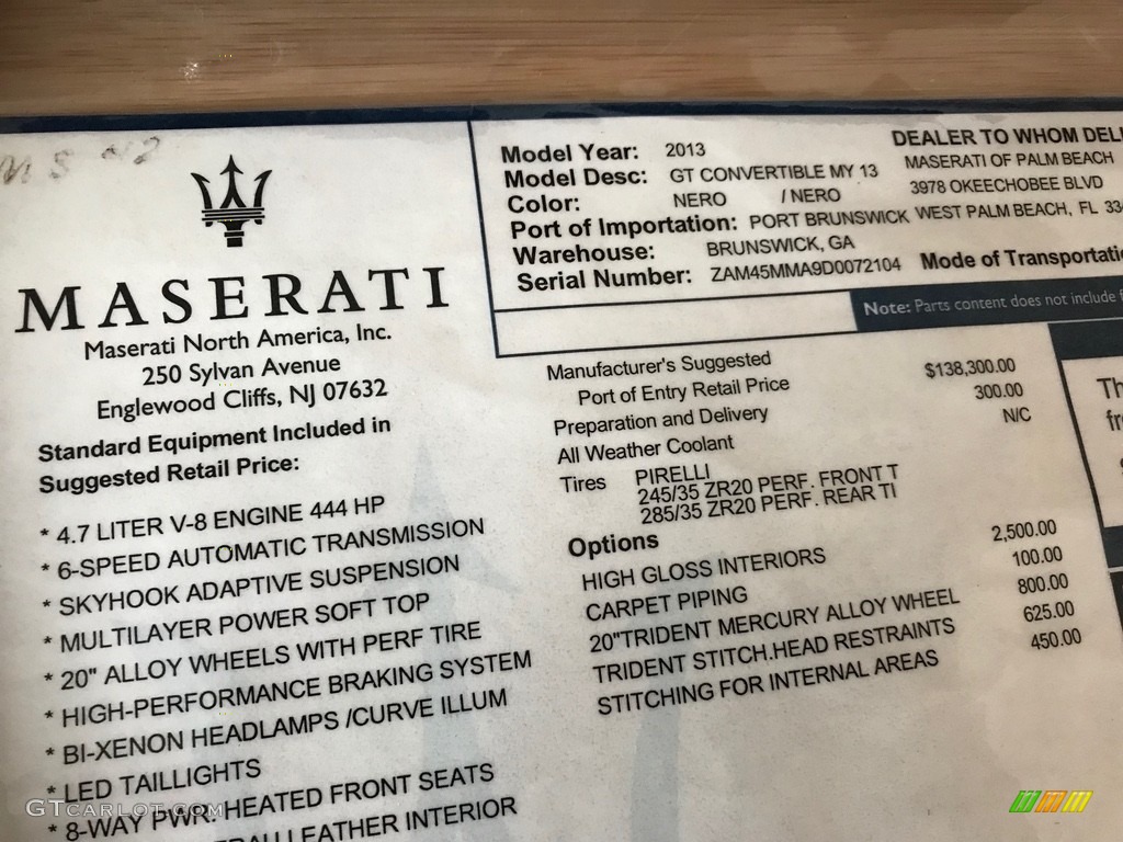 2013 Maserati GranTurismo Convertible GranCabrio Window Sticker Photo #131872403