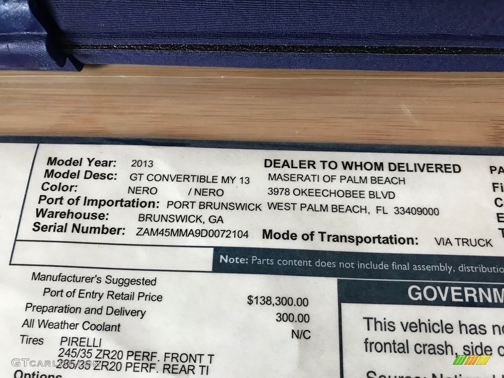 2013 Maserati GranTurismo Convertible GranCabrio Window Sticker Photo #131872499