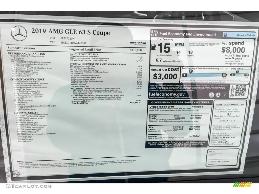 2019 Mercedes-Benz GLE 63 S AMG 4Matic Coupe Window Sticker Photo #131930429