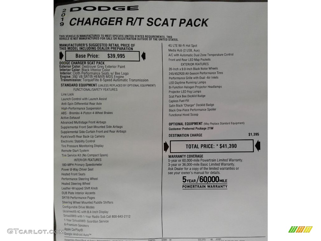 2019 Dodge Charger R/T Scat Pack Window Sticker Photo #131990481