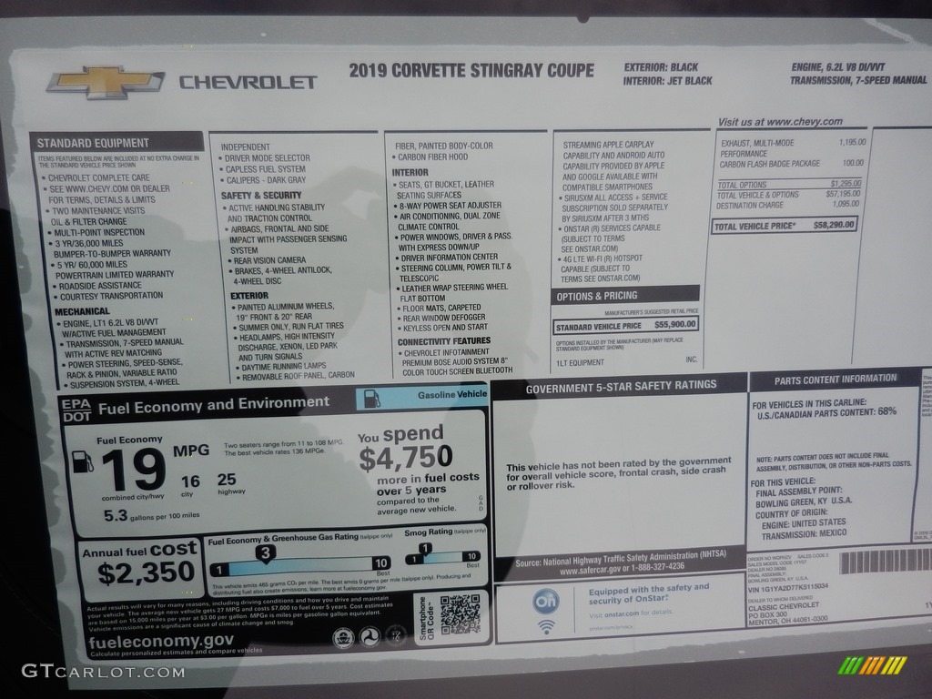 2019 Chevrolet Corvette Stingray Coupe Window Sticker Photo #132016807