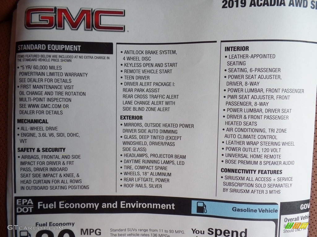 2019 GMC Acadia SLT AWD Window Sticker Photo #132057255