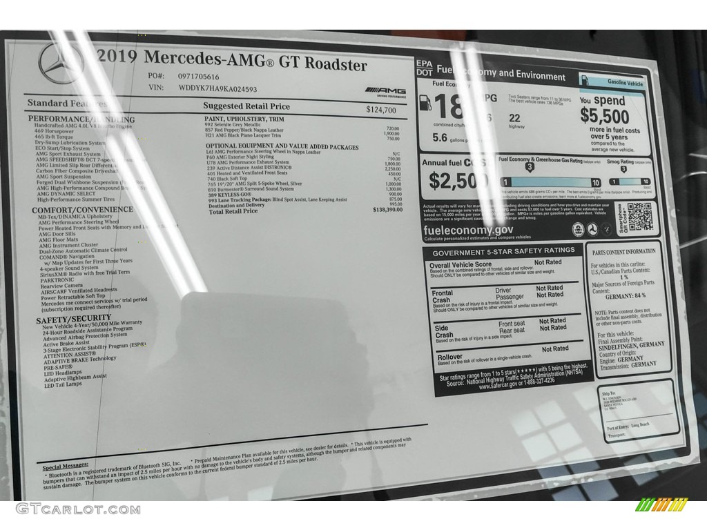 2019 Mercedes-Benz AMG GT Roadster Window Sticker Photo #132105132
