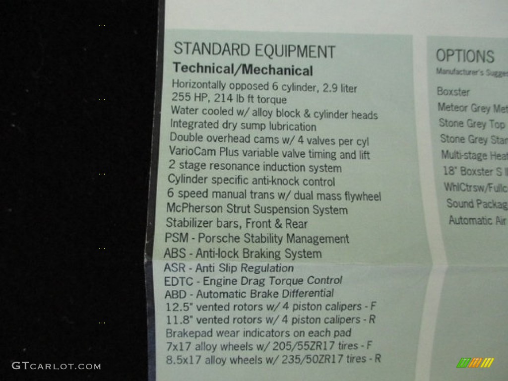 2011 Porsche Boxster Standard Boxster Model Window Sticker Photo #132105531