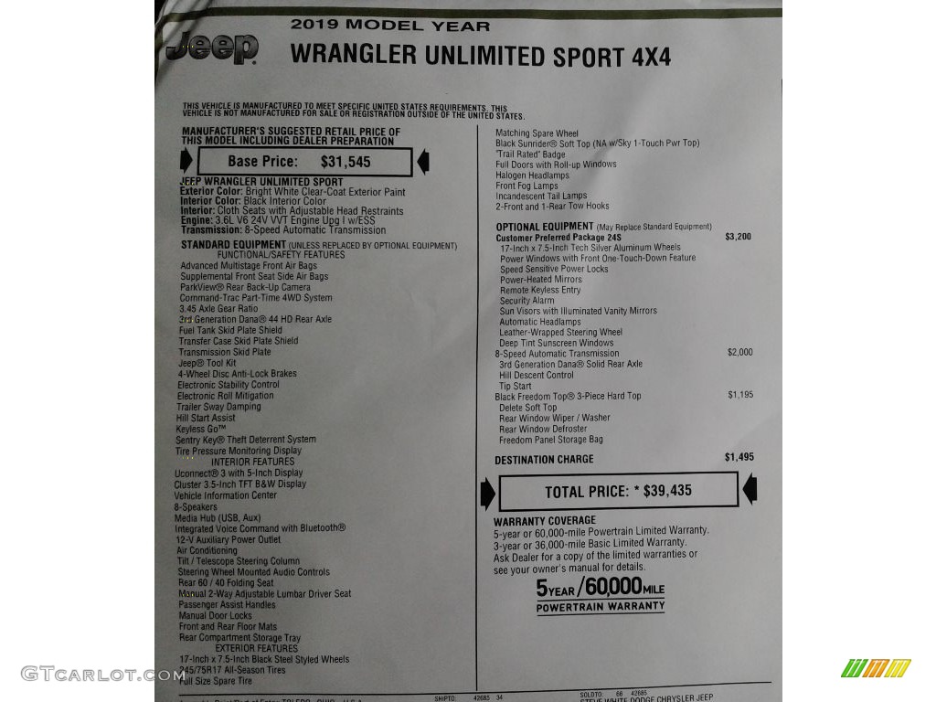 2019 Wrangler Unlimited Sport 4x4 - Bright White / Black photo #29