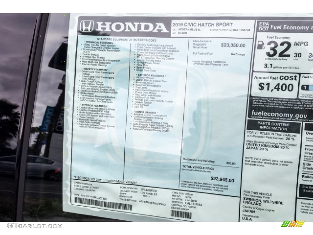 2019 Honda Civic Sport Hatchback Window Sticker Photo #132123301