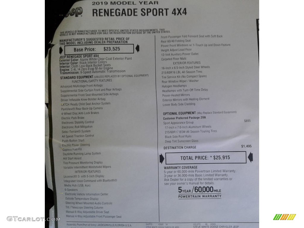 2019 Renegade Sport 4x4 - Alpine White / Black photo #28