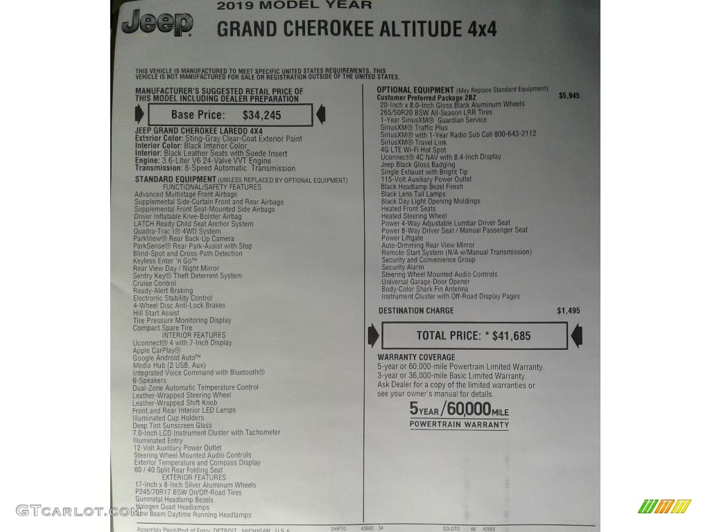 2019 Grand Cherokee Altitude 4x4 - Sting-Gray / Black photo #37