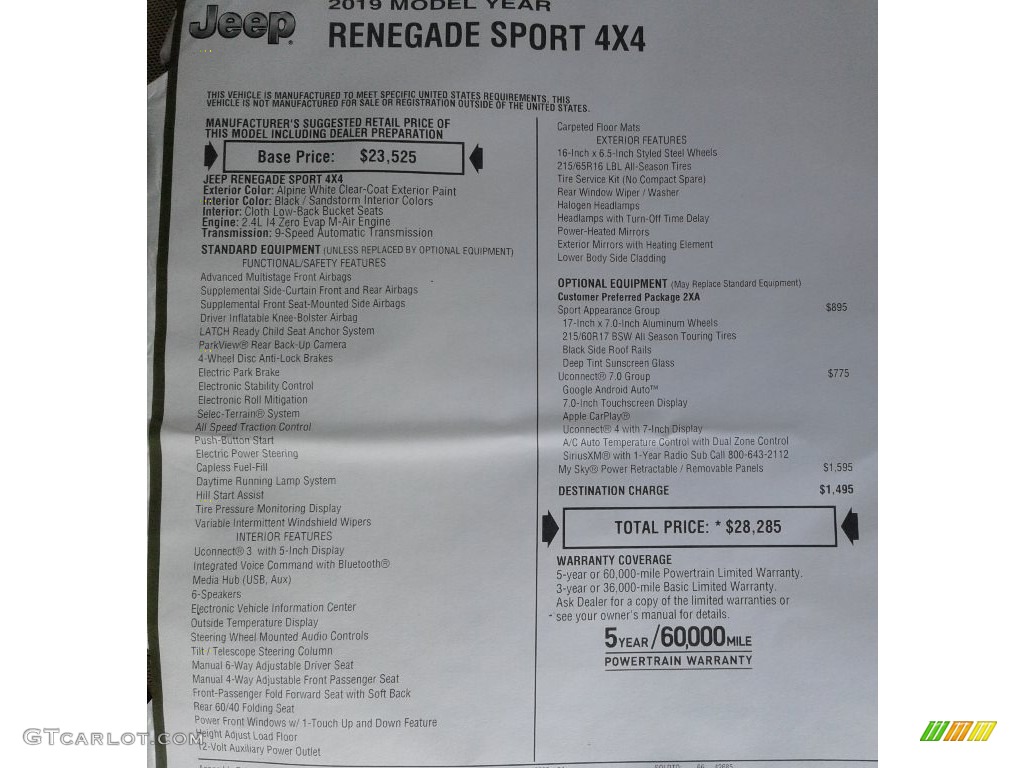 2019 Renegade Sport 4x4 - Alpine White / Black/Sandstorm photo #32