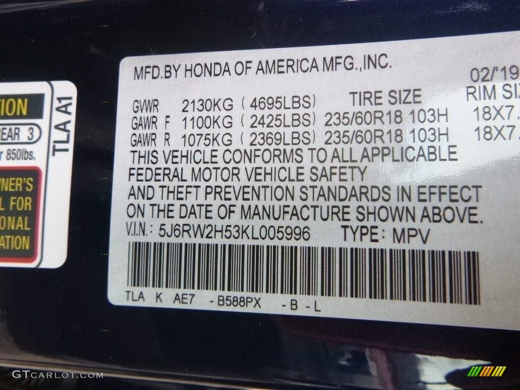 2019 CR-V Color Code B588PX for Obsidian Blue Pearl Photo #132235645