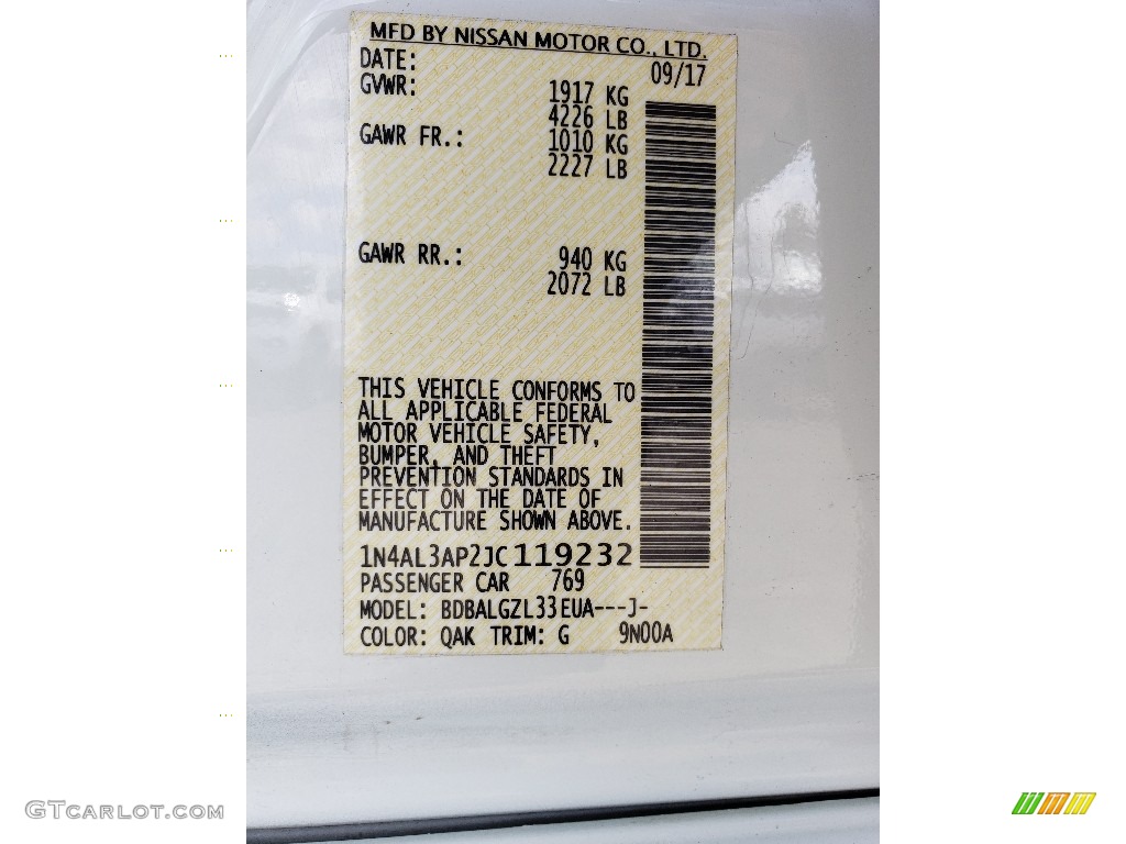 2018 Altima Color Code QAK for Glacier White Photo #132239647