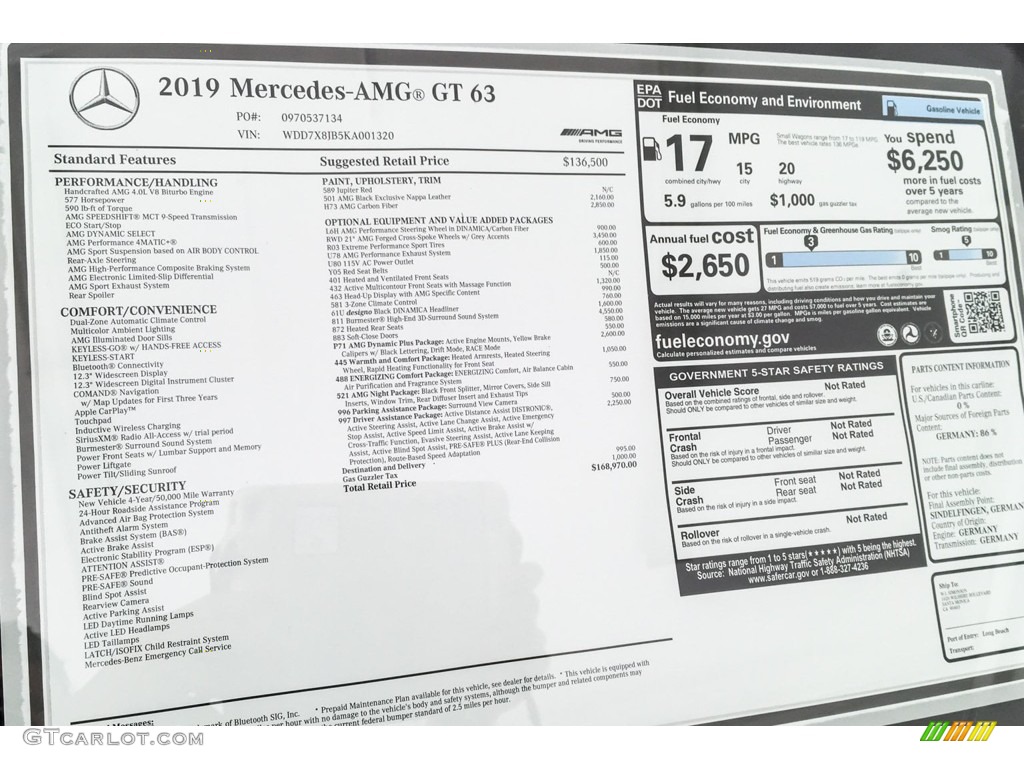 2019 Mercedes-Benz AMG GT 63 Window Sticker Photo #132247088