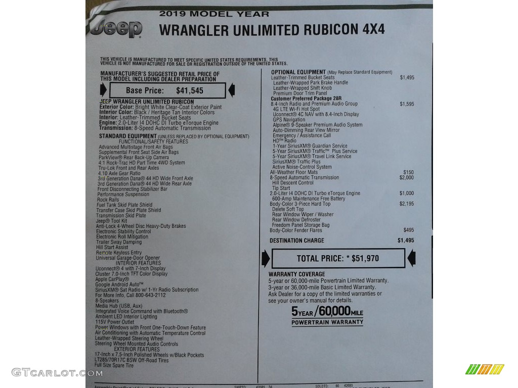 2019 Wrangler Unlimited Rubicon 4x4 - Bright White / Black/Heritage Tan photo #37