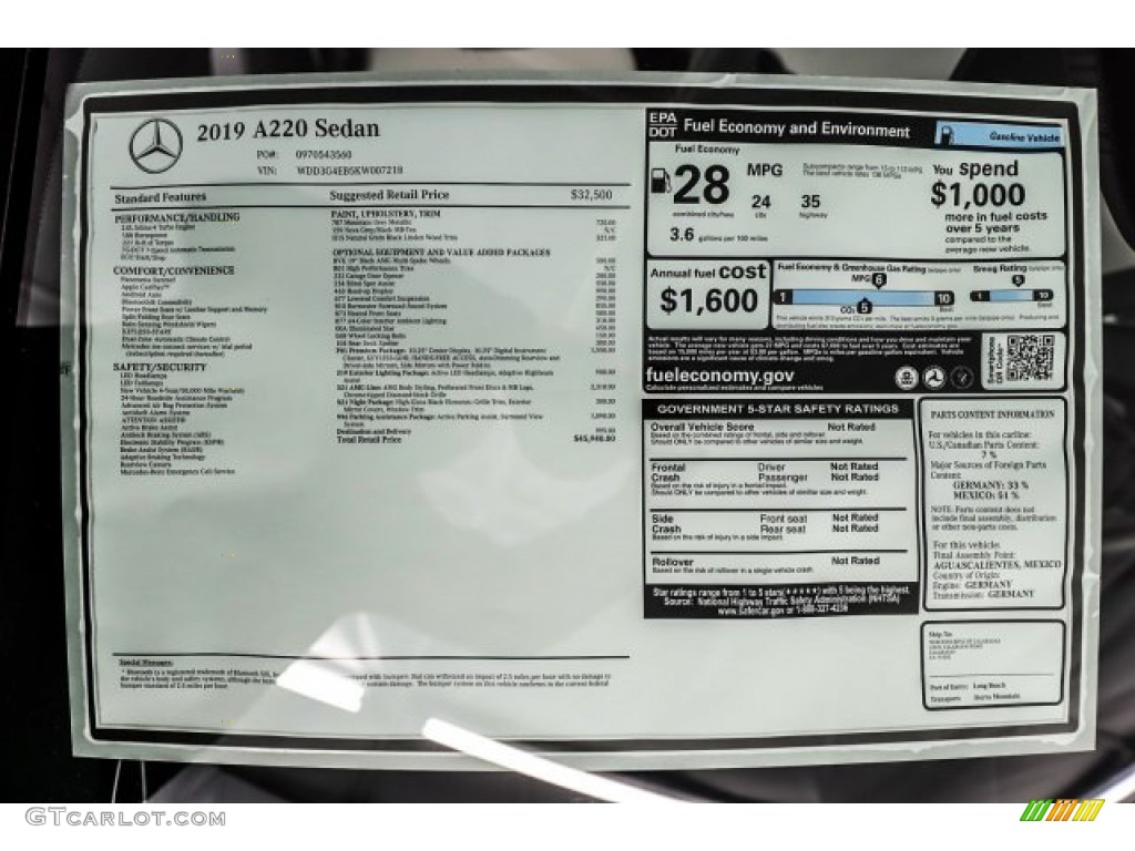 2019 Mercedes-Benz A 220 Sedan Window Sticker Photo #132356813