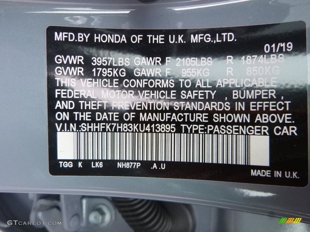 2019 Civic Color Code NH877P for Sonic Gray Pearl Photo #132366724