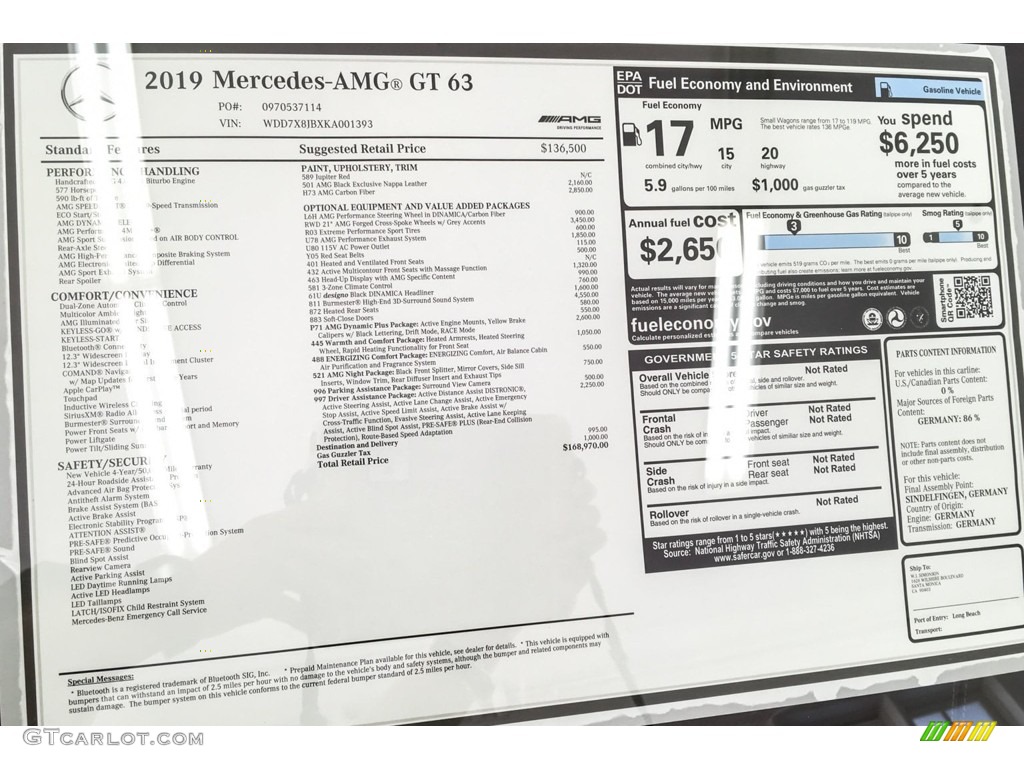 2019 Mercedes-Benz AMG GT 63 Window Sticker Photo #132388132