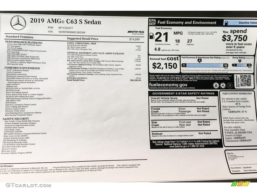 2019 Mercedes-Benz C AMG 63 S Sedan Window Sticker Photo #132397225