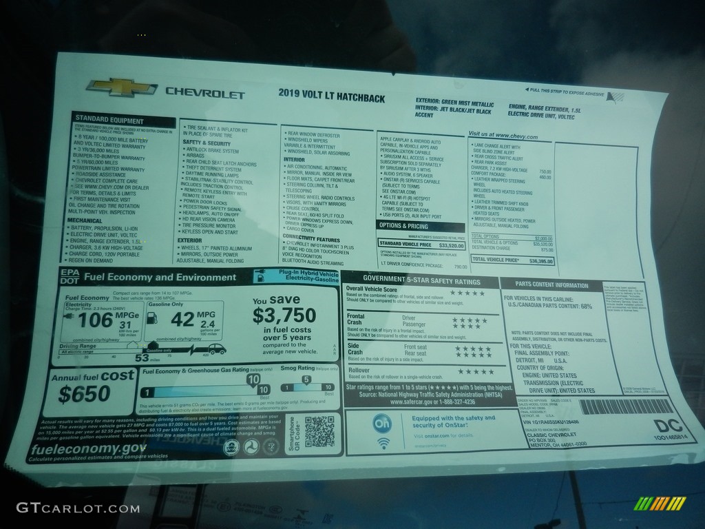 2019 Chevrolet Volt LT Window Sticker Photo #132438330