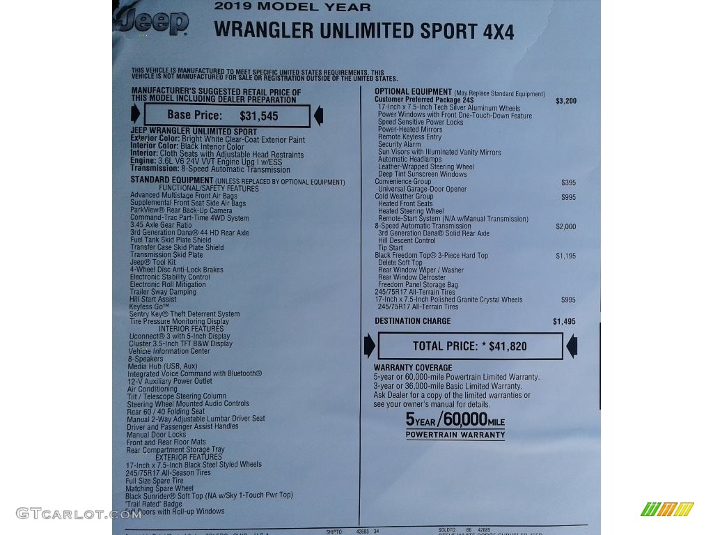 2019 Wrangler Unlimited Sport 4x4 - Bright White / Black photo #29