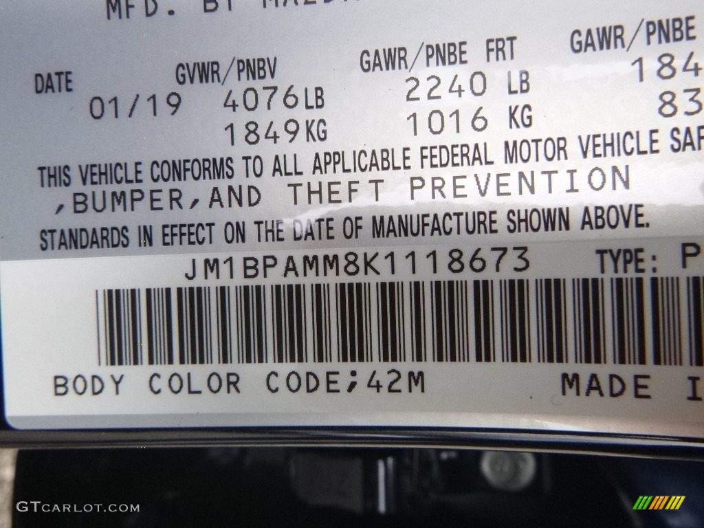 2019 MAZDA3 Color Code 42M for Deep Crystal Blue Mica Photo #132482592