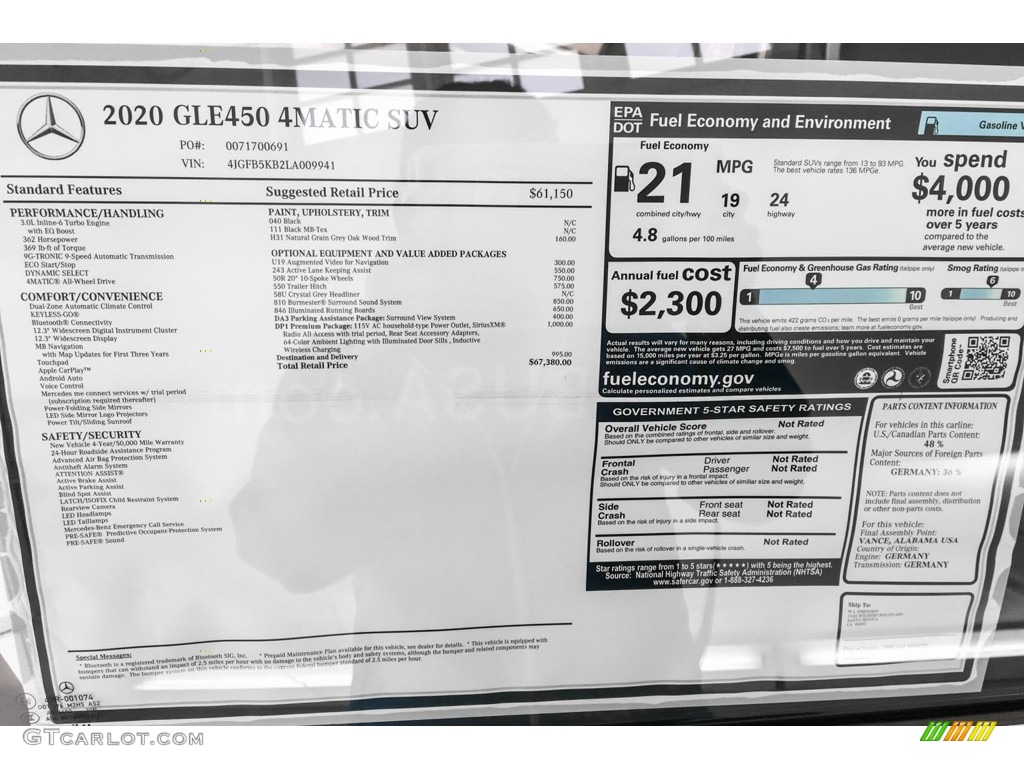 2020 Mercedes-Benz GLE 450 4Matic Window Sticker Photo #132486438