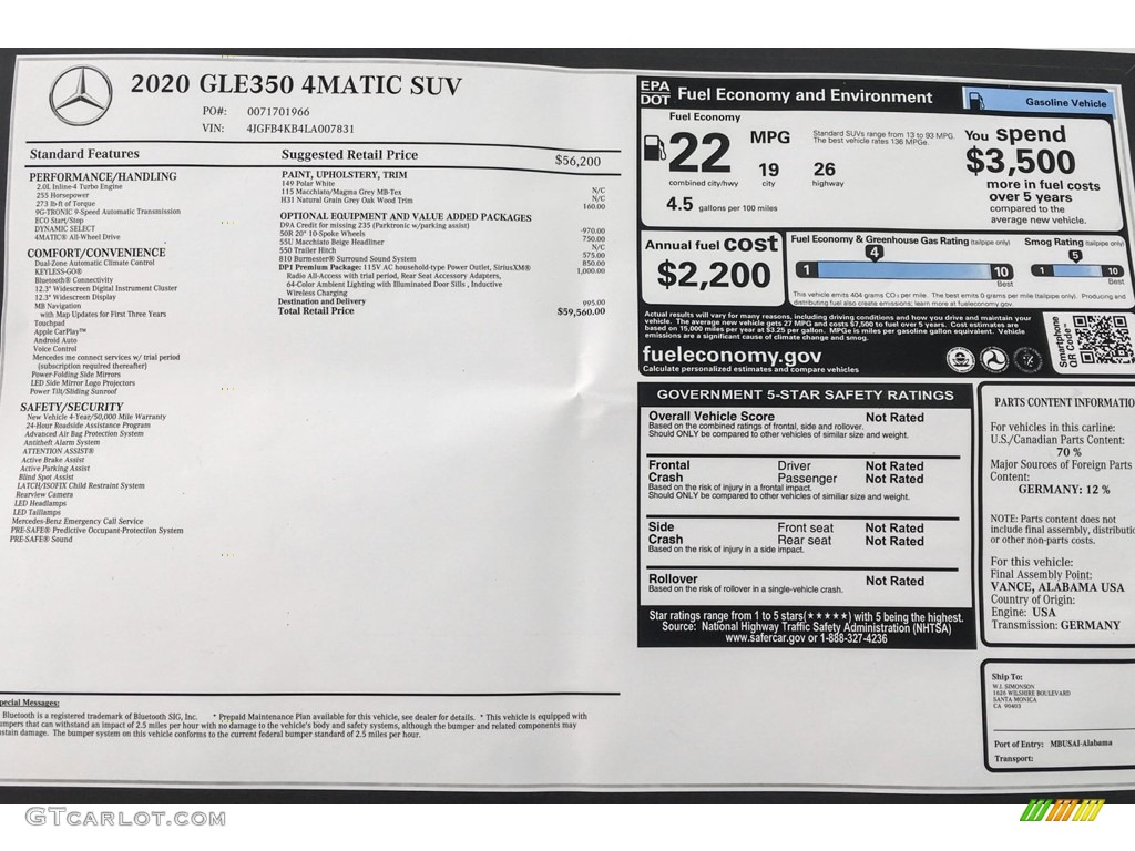 2020 Mercedes-Benz GLE 350 4Matic Window Sticker Photo #132486918