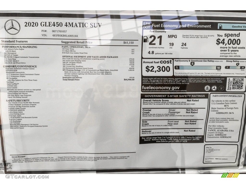 2020 Mercedes-Benz GLE 450 4Matic Window Sticker Photo #132487167