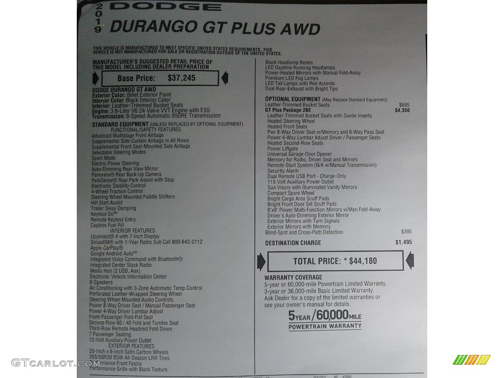 2019 Durango GT AWD - Billet / Black photo #38
