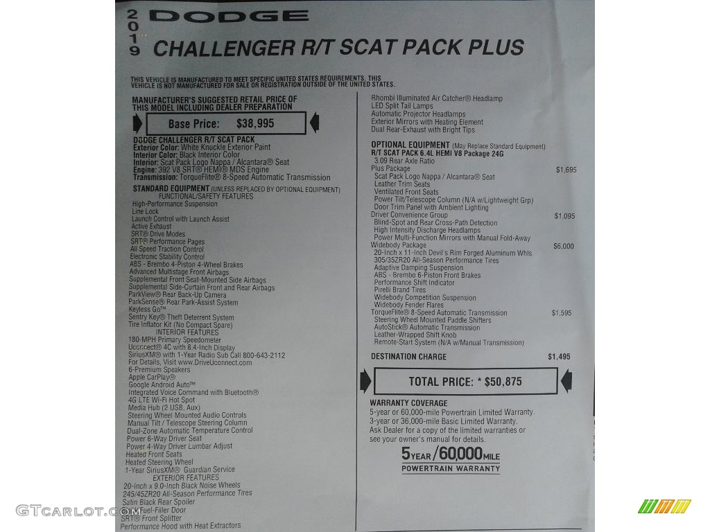 2019 Dodge Challenger R/T Scat Pack Widebody Window Sticker Photos