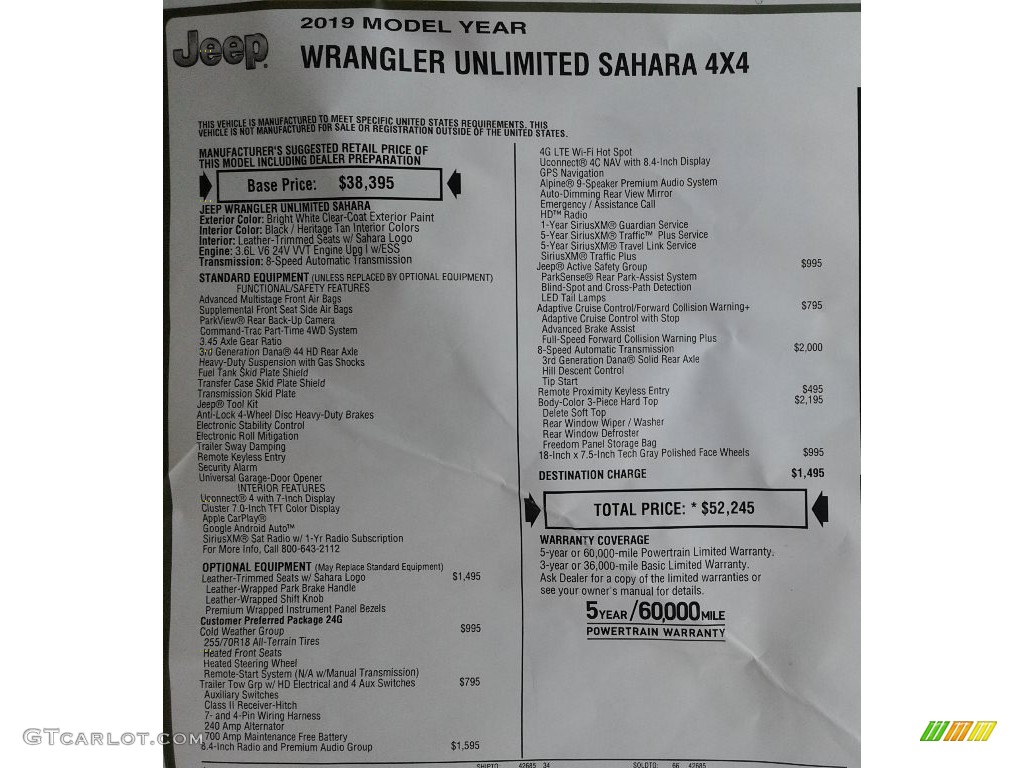 2019 Wrangler Unlimited Sahara 4x4 - Bright White / Black photo #34