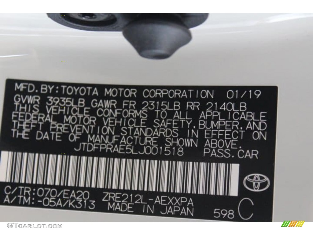 2020 Corolla Color Code 070 for Blizzard Pearl White Photo #132601813