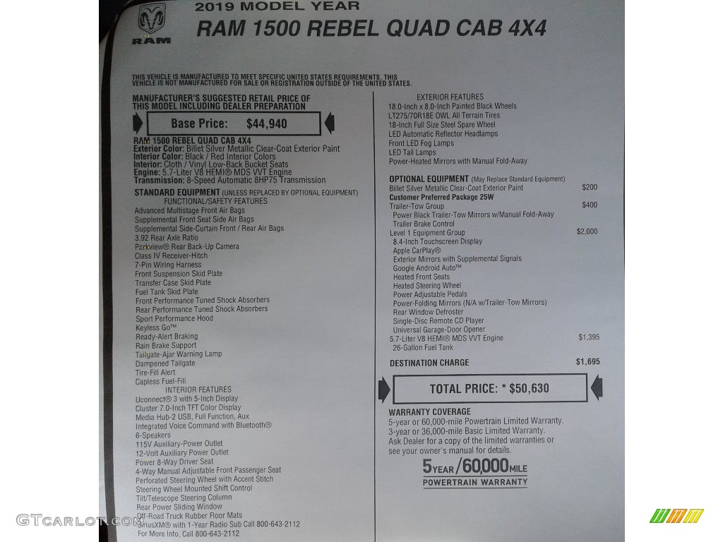 2019 Ram 1500 Rebel Quad Cab 4x4 Window Sticker Photo #132618368