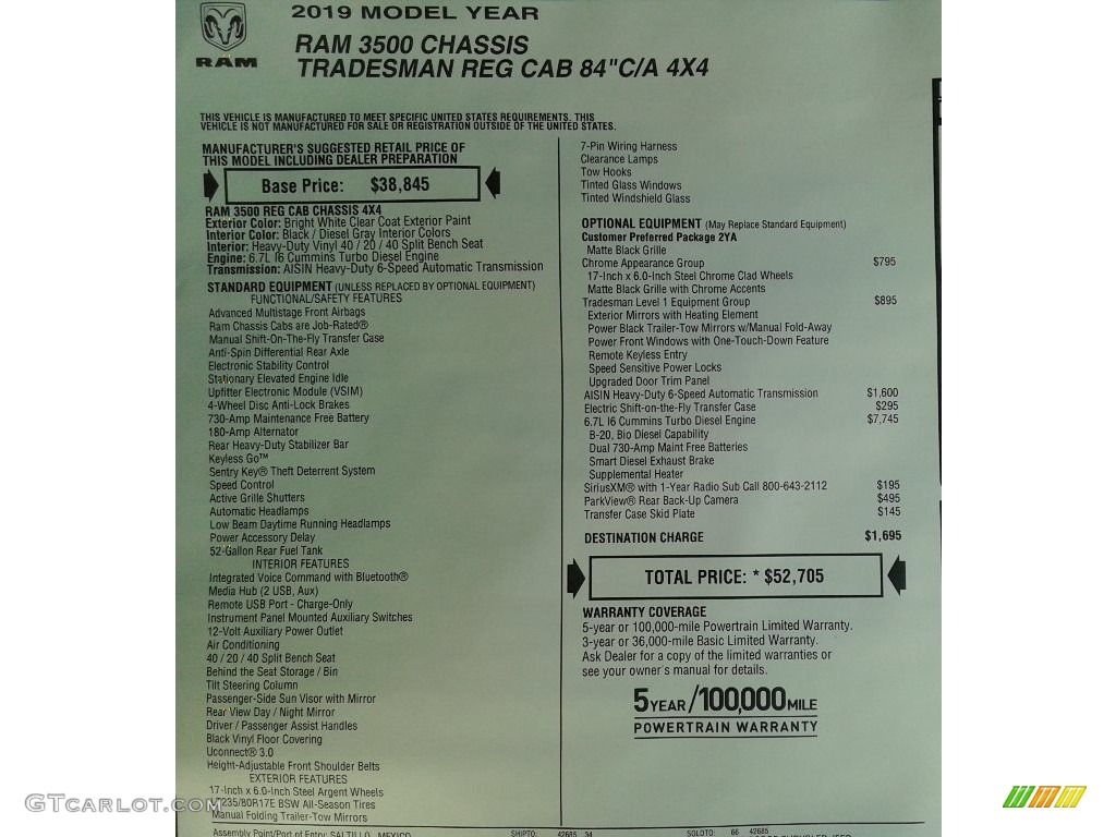 2019 Ram 3500 Tradesman Regular Cab 4x4 Chassis Window Sticker Photo #132620243