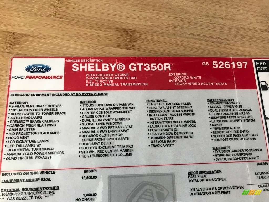 2016 Ford Mustang Shelby GT350R Window Sticker Photo #132630165