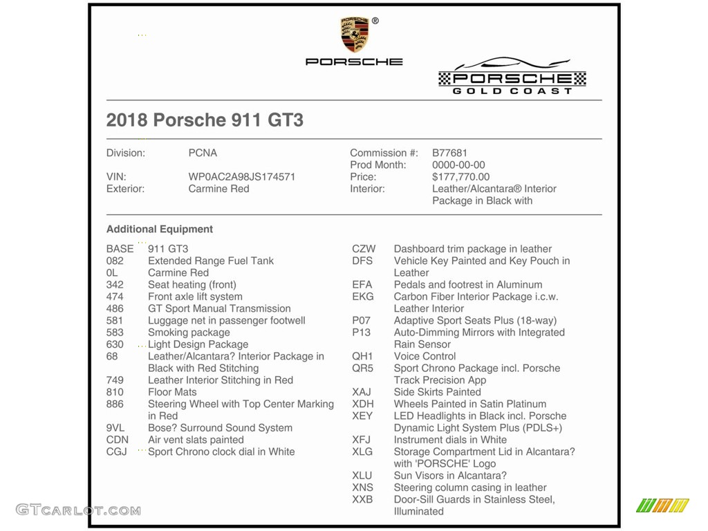 2018 Porsche 911 GT3 Window Sticker Photo #132674799