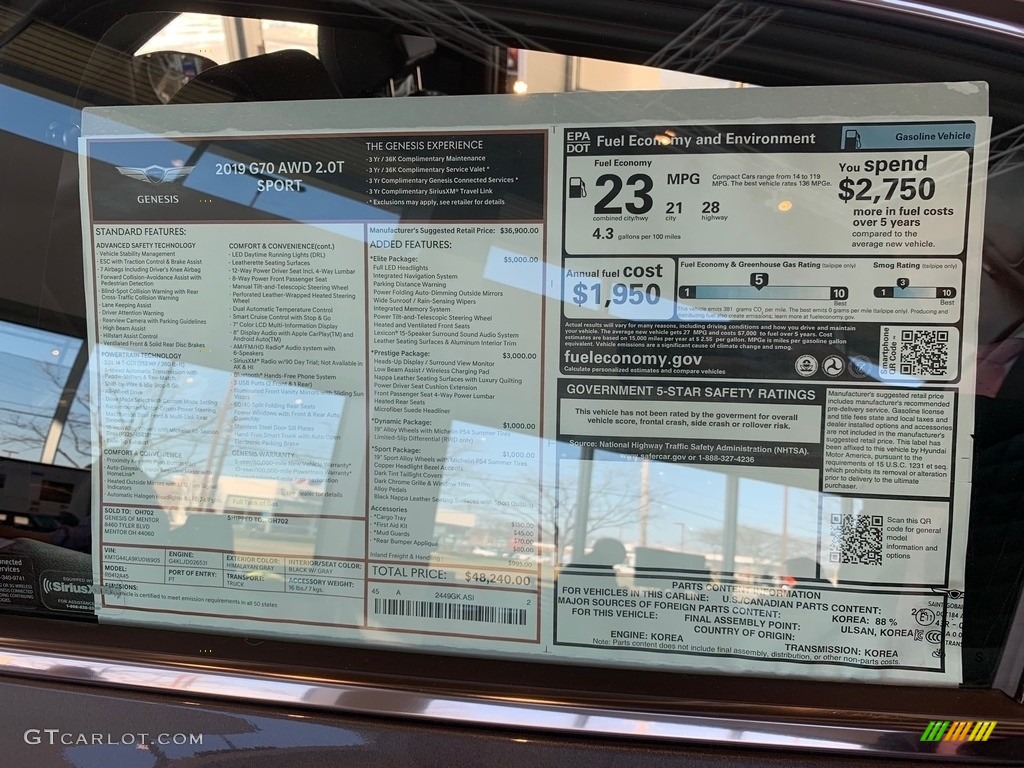 2019 Hyundai Genesis G70 AWD Window Sticker Photo #132680361