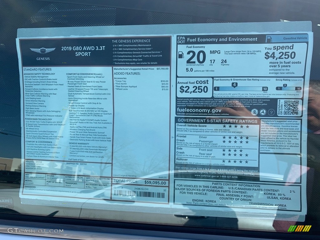 2019 Hyundai Genesis G80 Sport AWD Window Sticker Photos