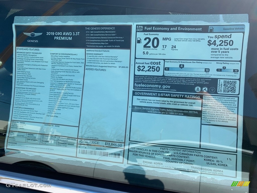 2019 Hyundai Genesis G90 AWD Window Sticker Photo #132680853