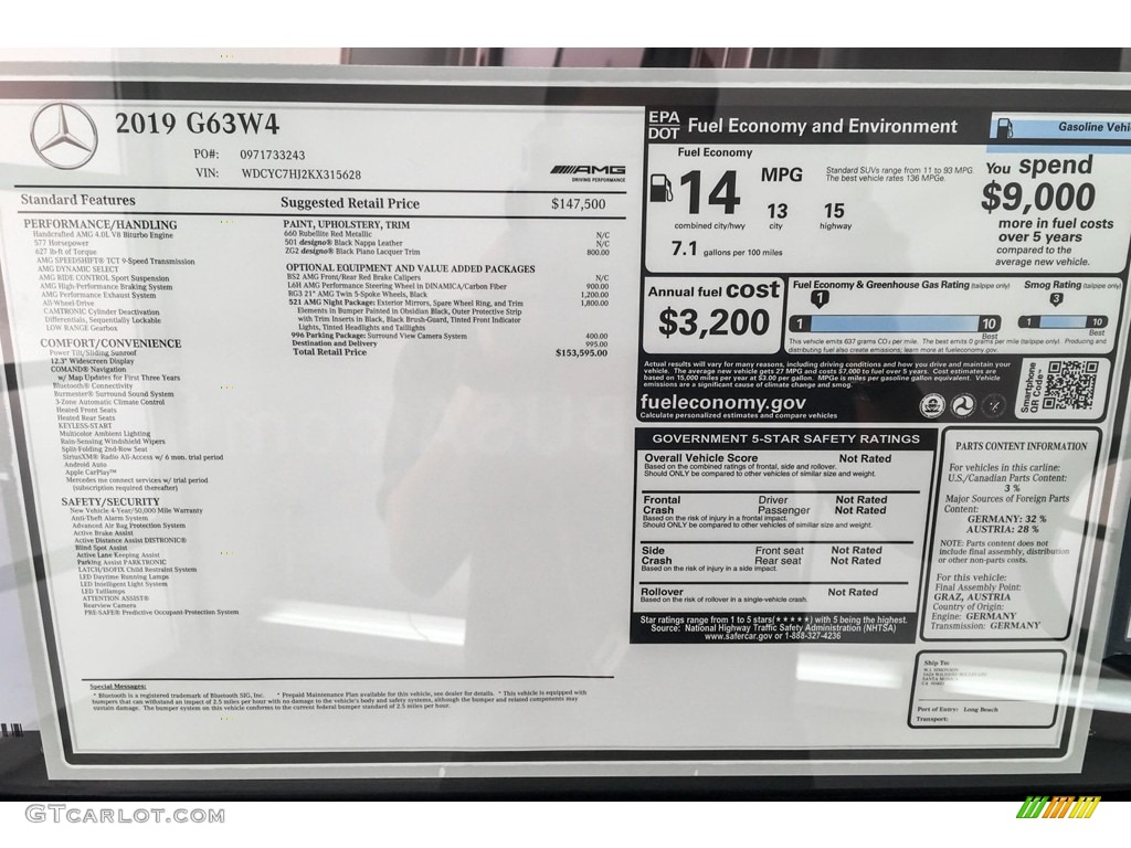 2019 Mercedes-Benz G 63 AMG Window Sticker Photo #132689535