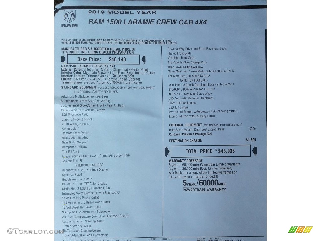2019 Ram 1500 Laramie Crew Cab 4x4 Window Sticker Photo #132709489