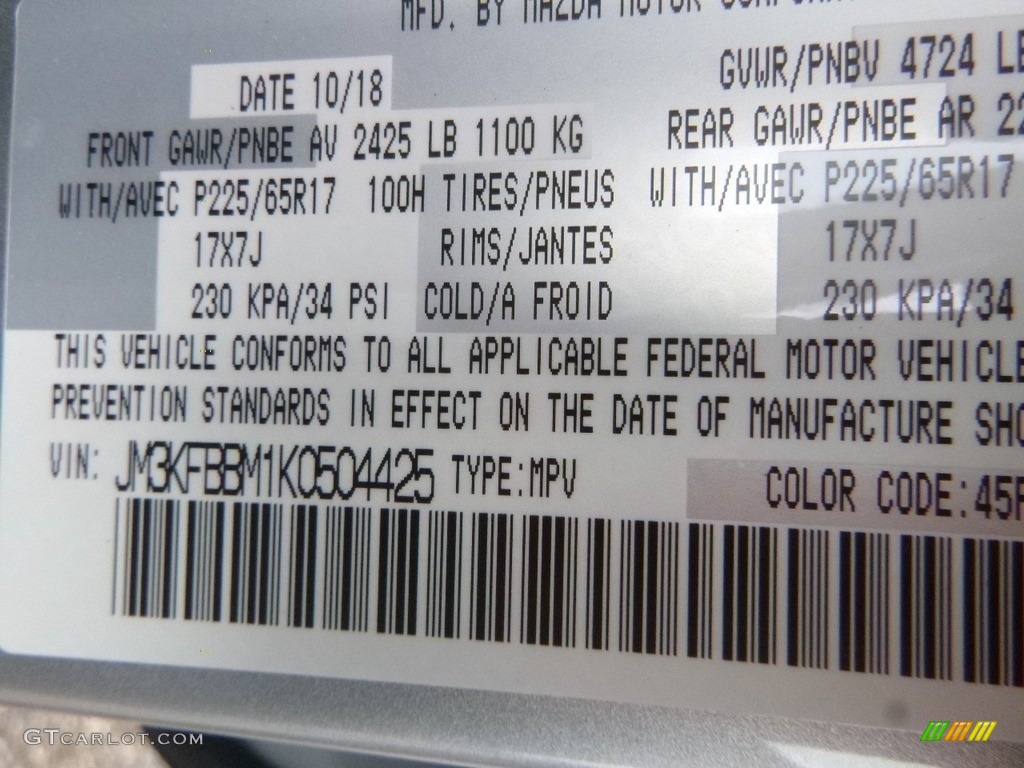 2019 CX-5 Color Code 45P for Sonic Silver Metallic Photo #132767369
