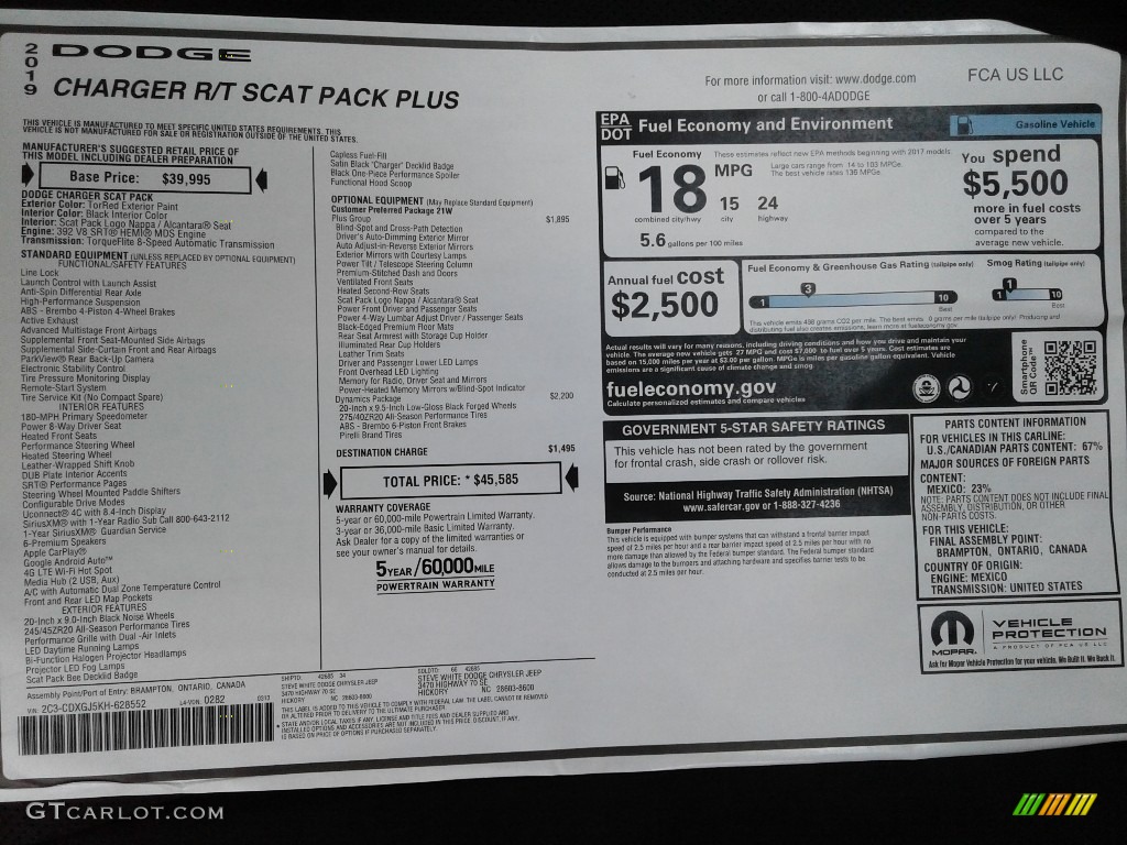 2019 Dodge Charger R/T Scat Pack Window Sticker Photo #132783431