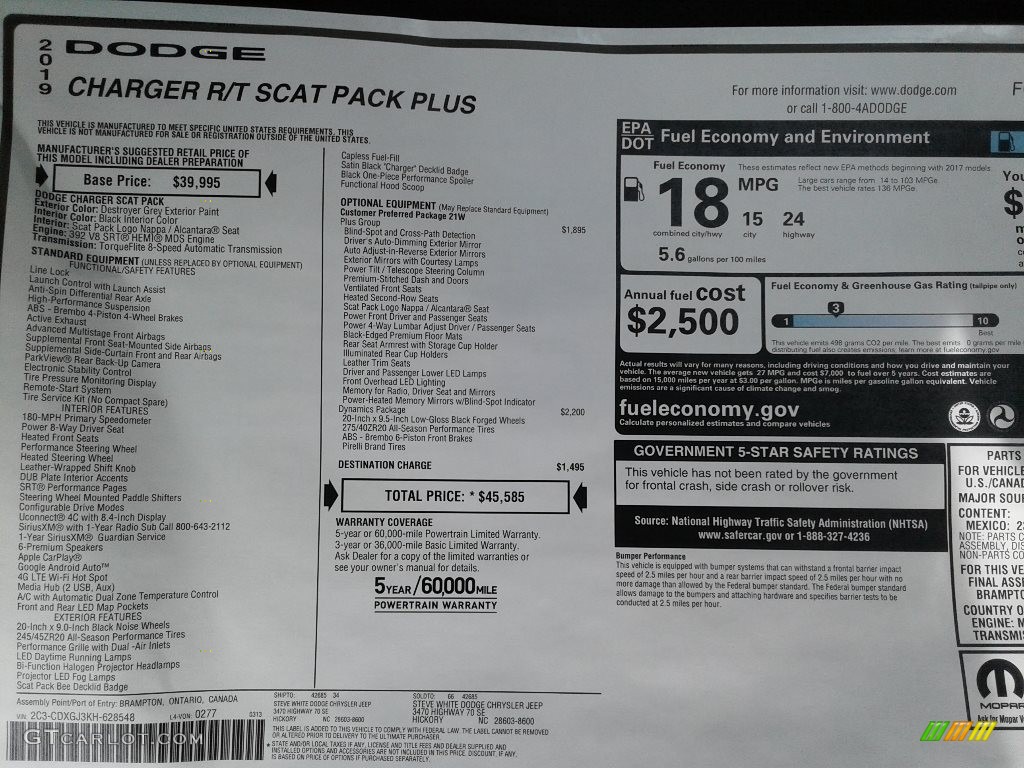 2019 Dodge Charger R/T Scat Pack Window Sticker Photo #132783976