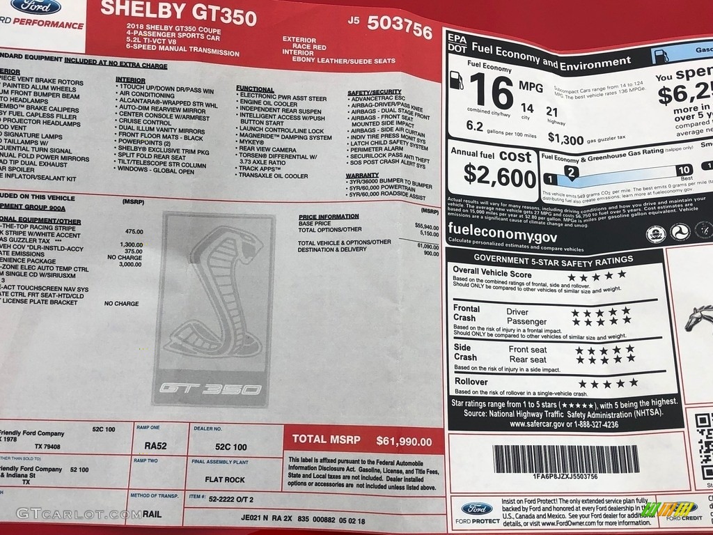 2018 Ford Mustang Shelby GT350 Window Sticker Photos
