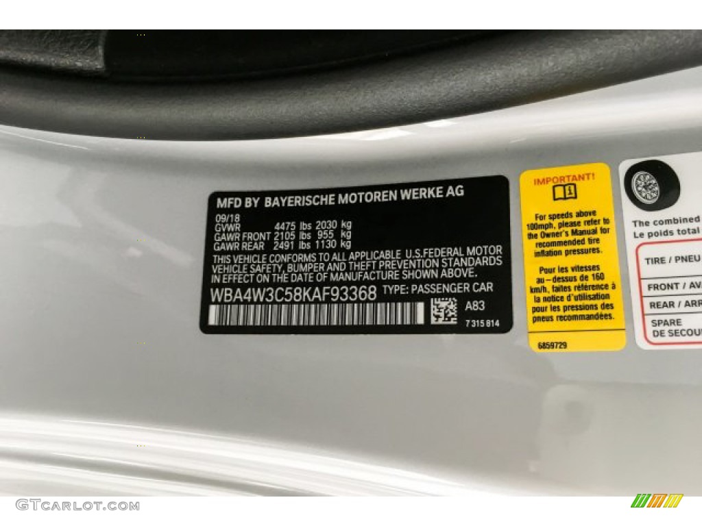2019 4 Series Color Code A83 for Glacier Silver Metallic Photo #132808433