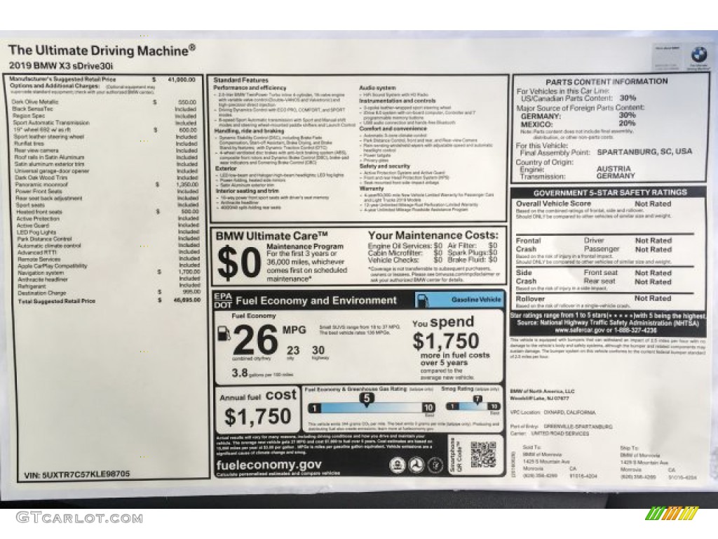 2019 BMW X3 sDrive30i Window Sticker Photo #132811478