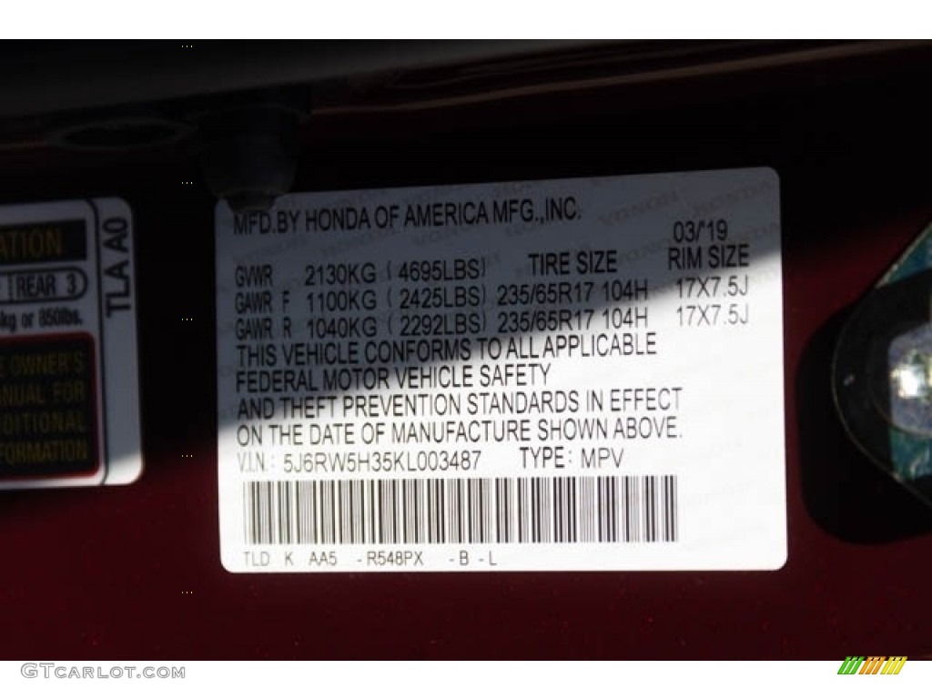 2019 CR-V Color Code R548PX for Basque Red Pearl II Photo #132871509