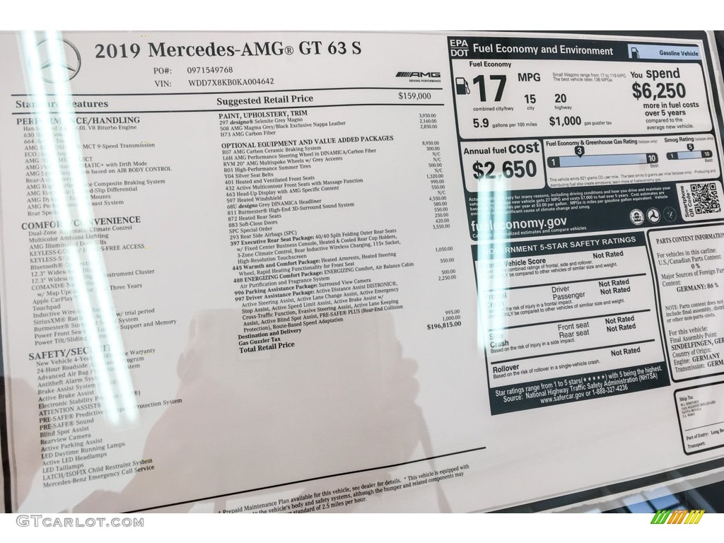 2019 Mercedes-Benz AMG GT 63 S Window Sticker Photo #132882092