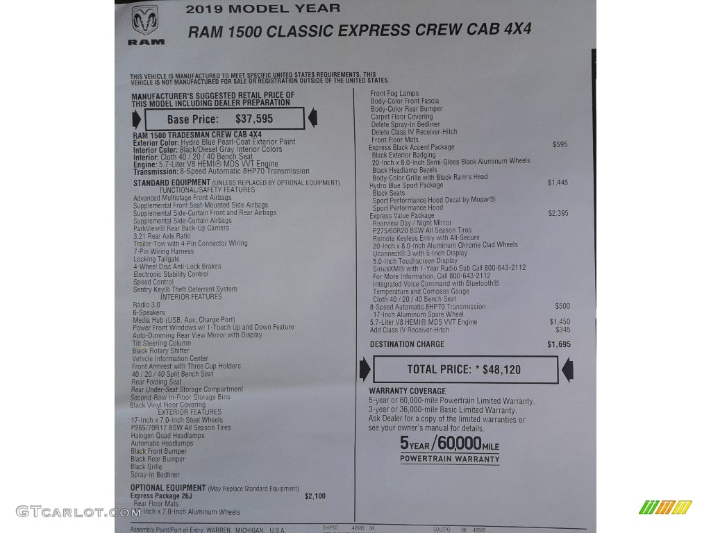 2019 1500 Classic Express Crew Cab 4x4 - Hydro Blue Sport Edition / Black/Diesel Gray photo #28